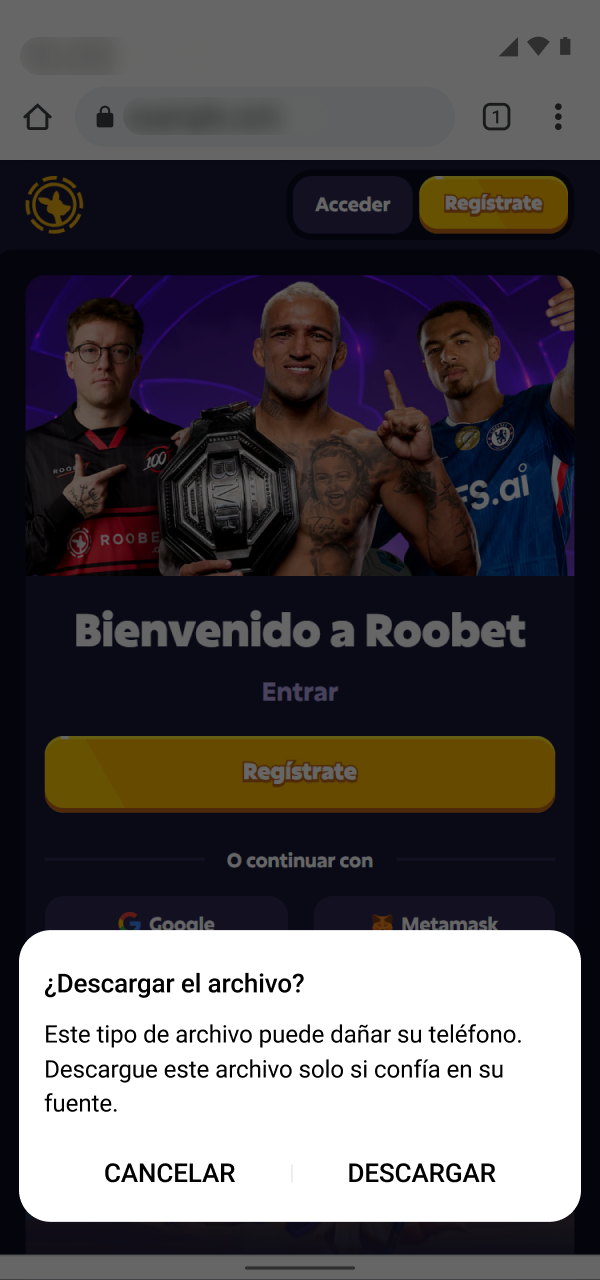 Confirmá la descarga del archivo App APK Roobet en tu celular.