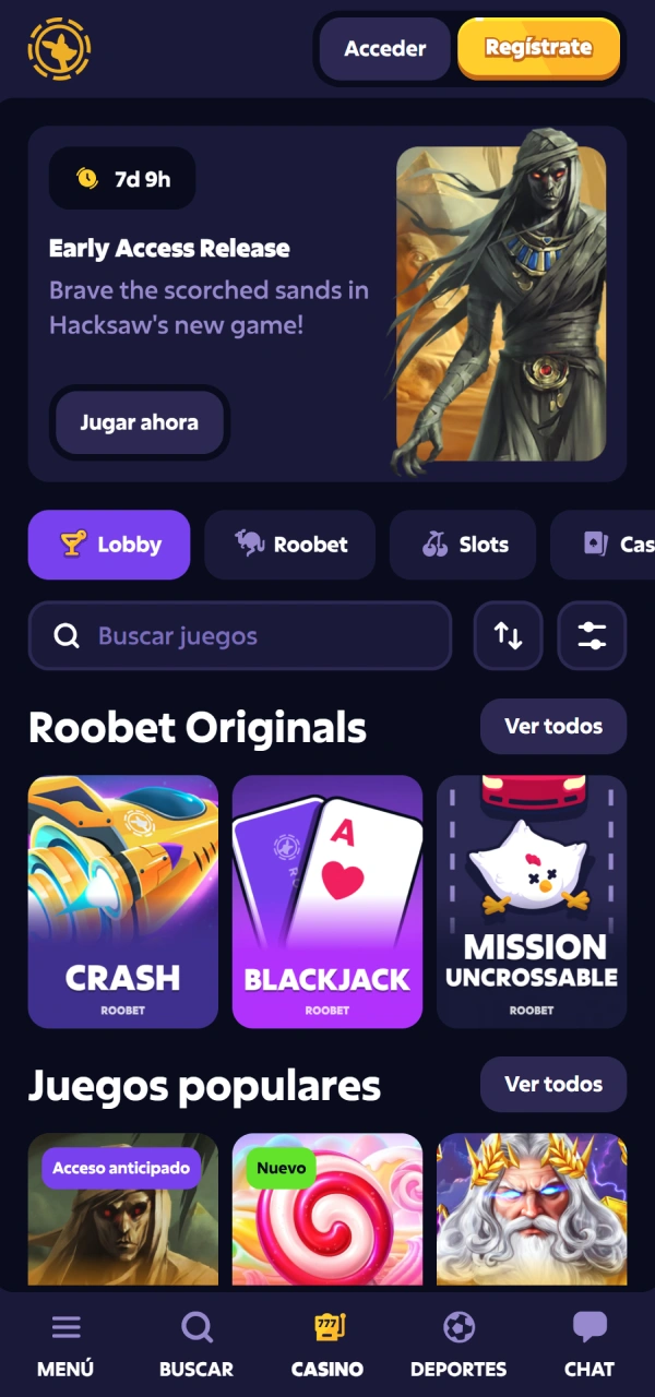 Disfrutá del casino móvil en la Roobet App para Android hoy.