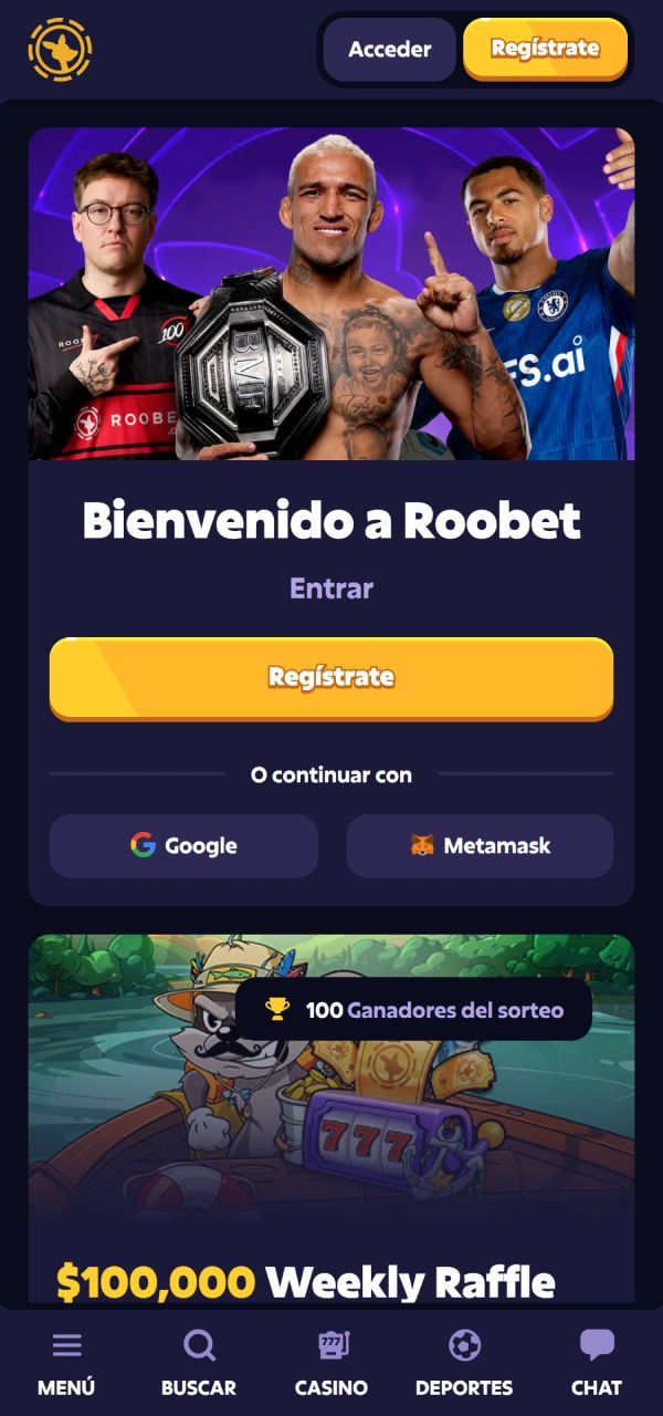 Mirá el menú principal en la Roobet App para Android fácilmente.