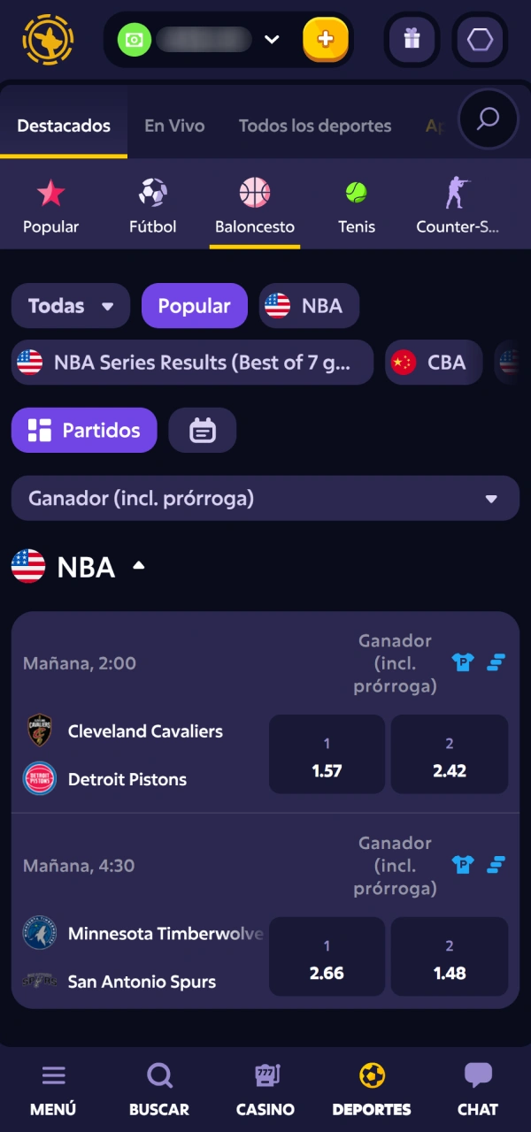 Seleccioná el mejor partido de Básquetbol en Roobet y ganá dinero.