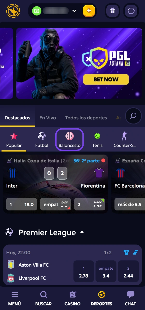Buscá la categoría de Básquetbol en Roobet dentro del menú deportivo.