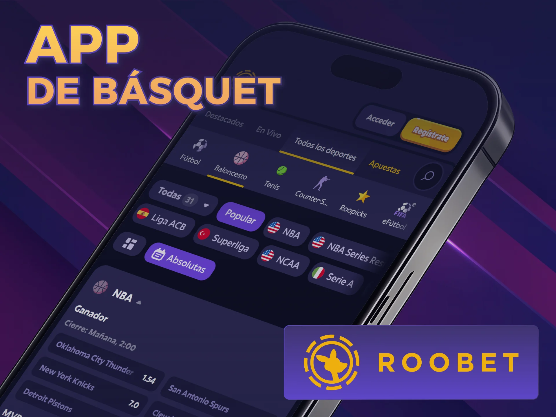 Descargá la App de Básquet en Roobet y ganá apostando hoy.
