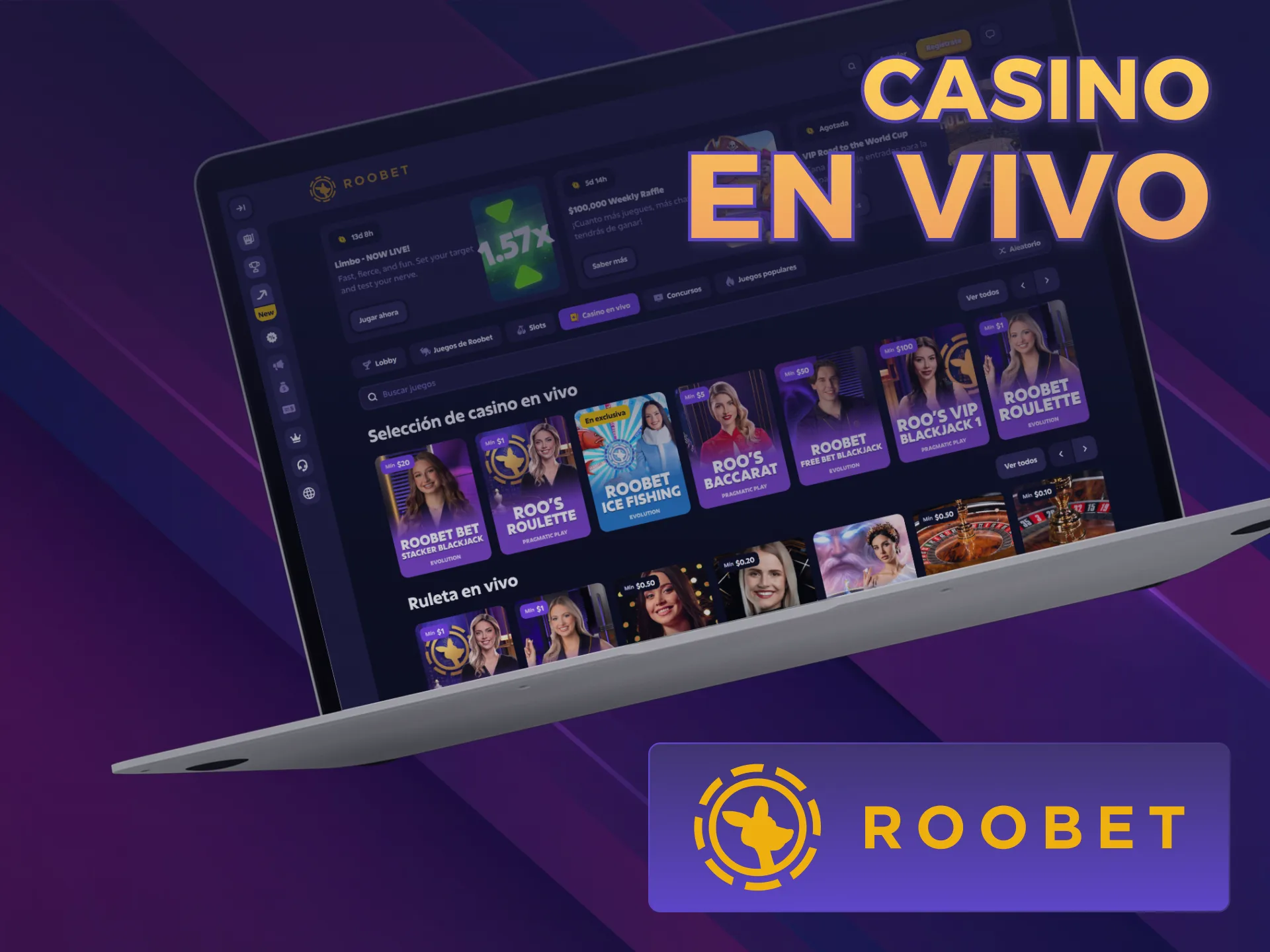 Interactuá con crupieres reales en el Casino en vivo de Roobet.