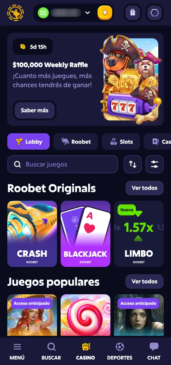 Seleccioná tu juego de Casino en Roobet favorito y divertite.