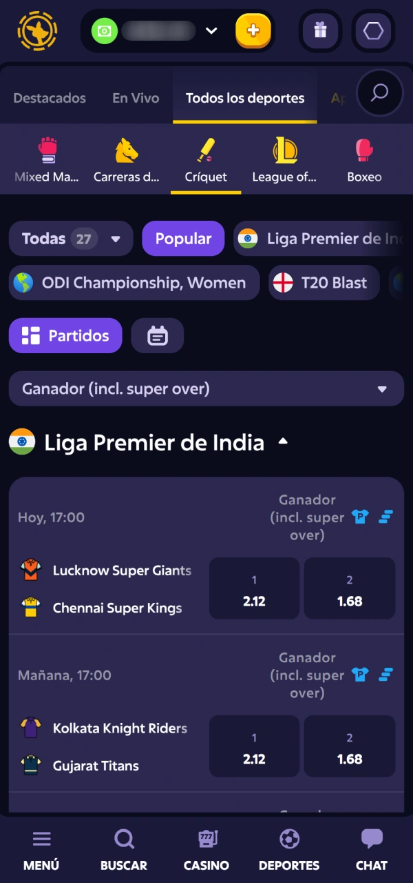 Localizá los eventos de Críquet en Roobet dentro del catálogo oficial.