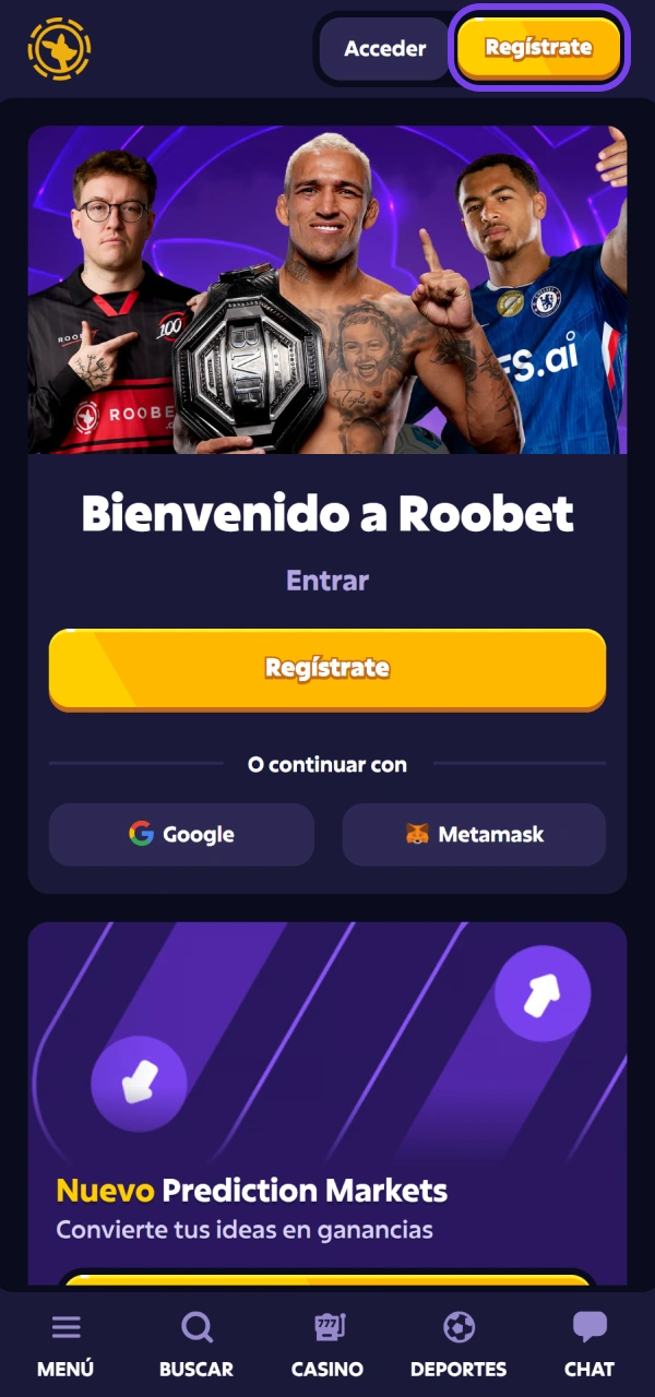 Presioná el botón de registro para entrar a CS2 Roobet.