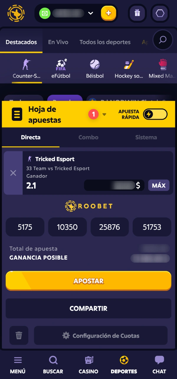 Confirmá tu pronóstico y ganá dinero real en CS2 Roobet.