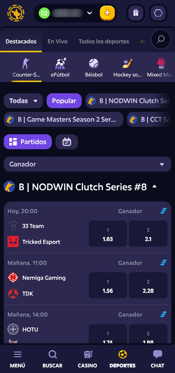 Buscá los torneos competitivos disponibles dentro de CS2 Roobet.