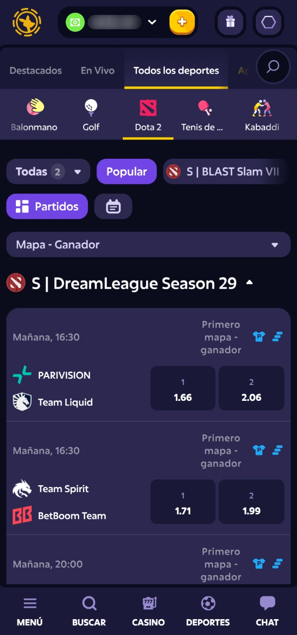 Buscá los eventos en vivo de la página Dota 2 Roobet.