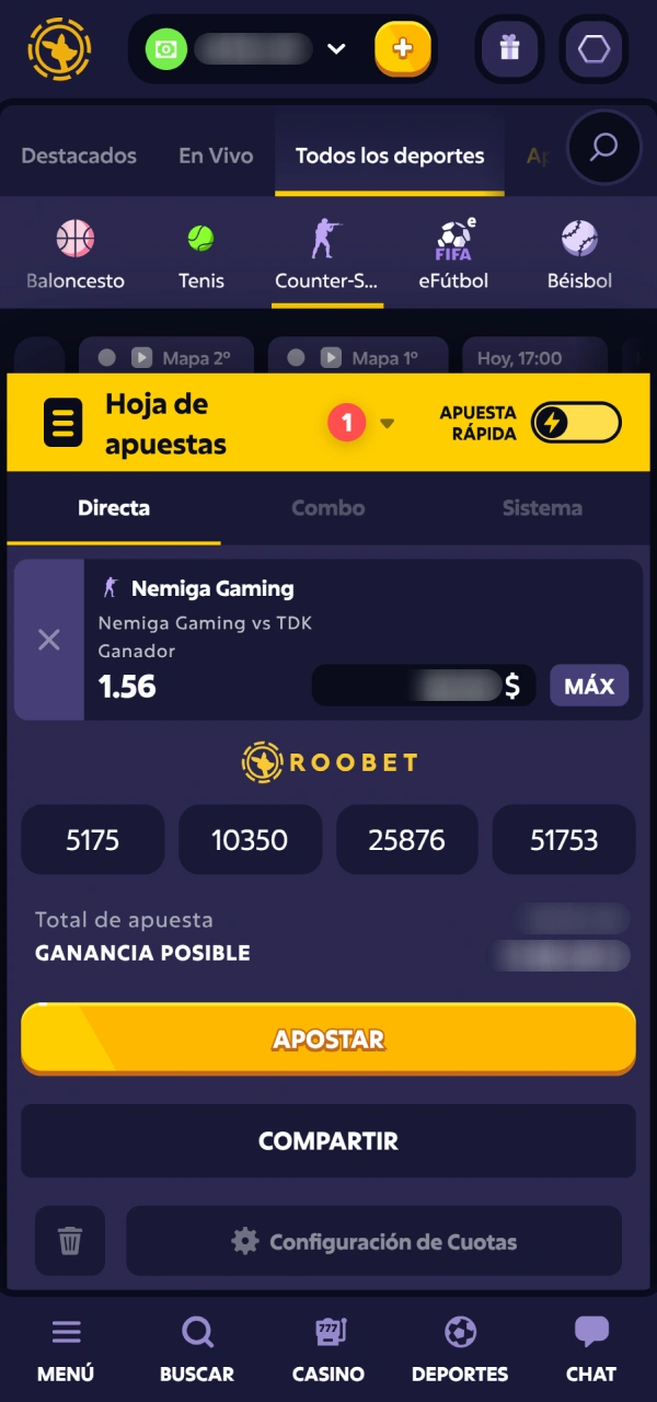 Finalizá tu primer cupón de juego dentro de E-Sports Roobet.