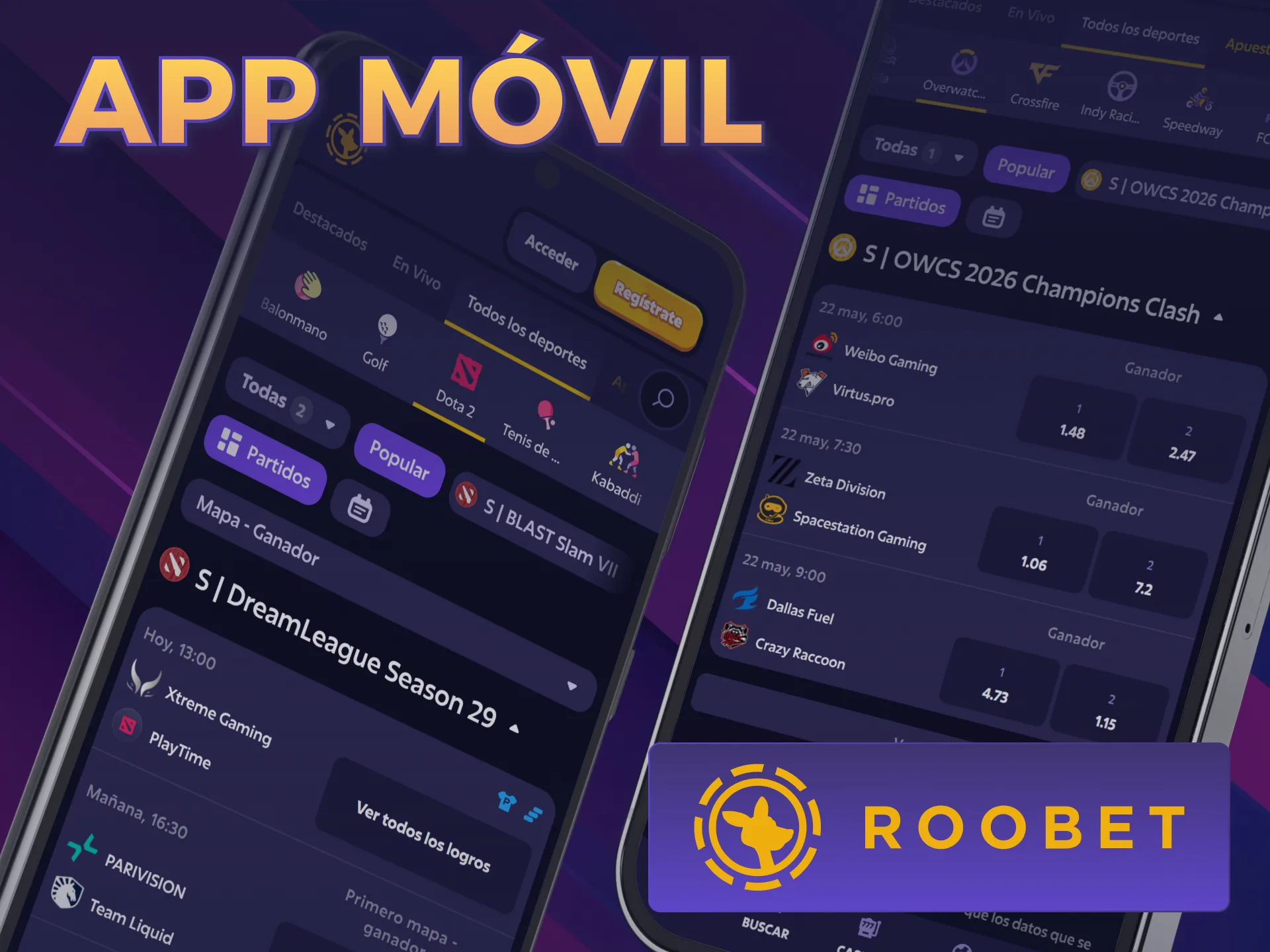 Descargá la app móvil para realizar apuestas en E-Sports Roobet.