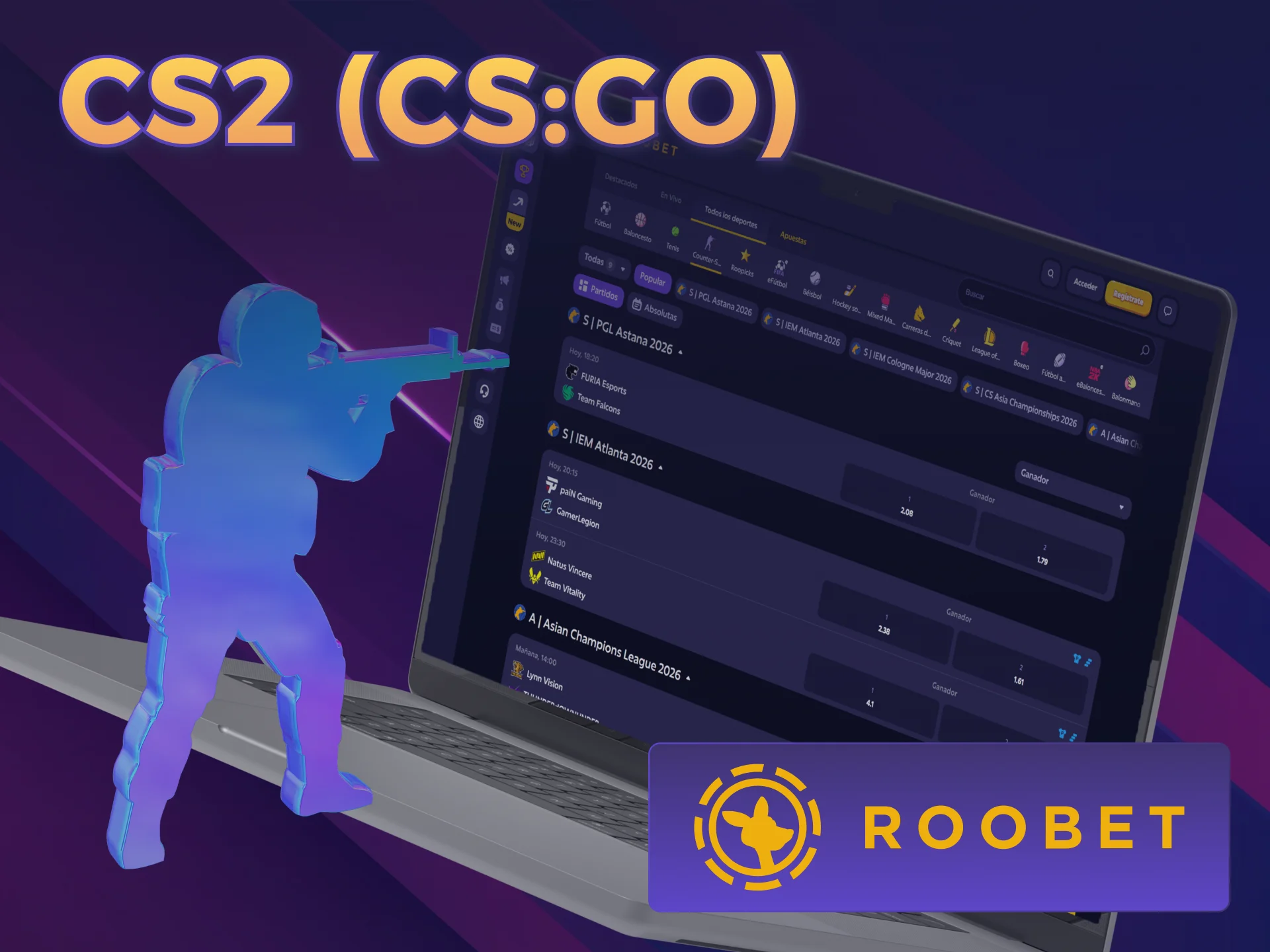 Realizá tus jugadas en CS2 mediante la sección E-Sports Roobet.