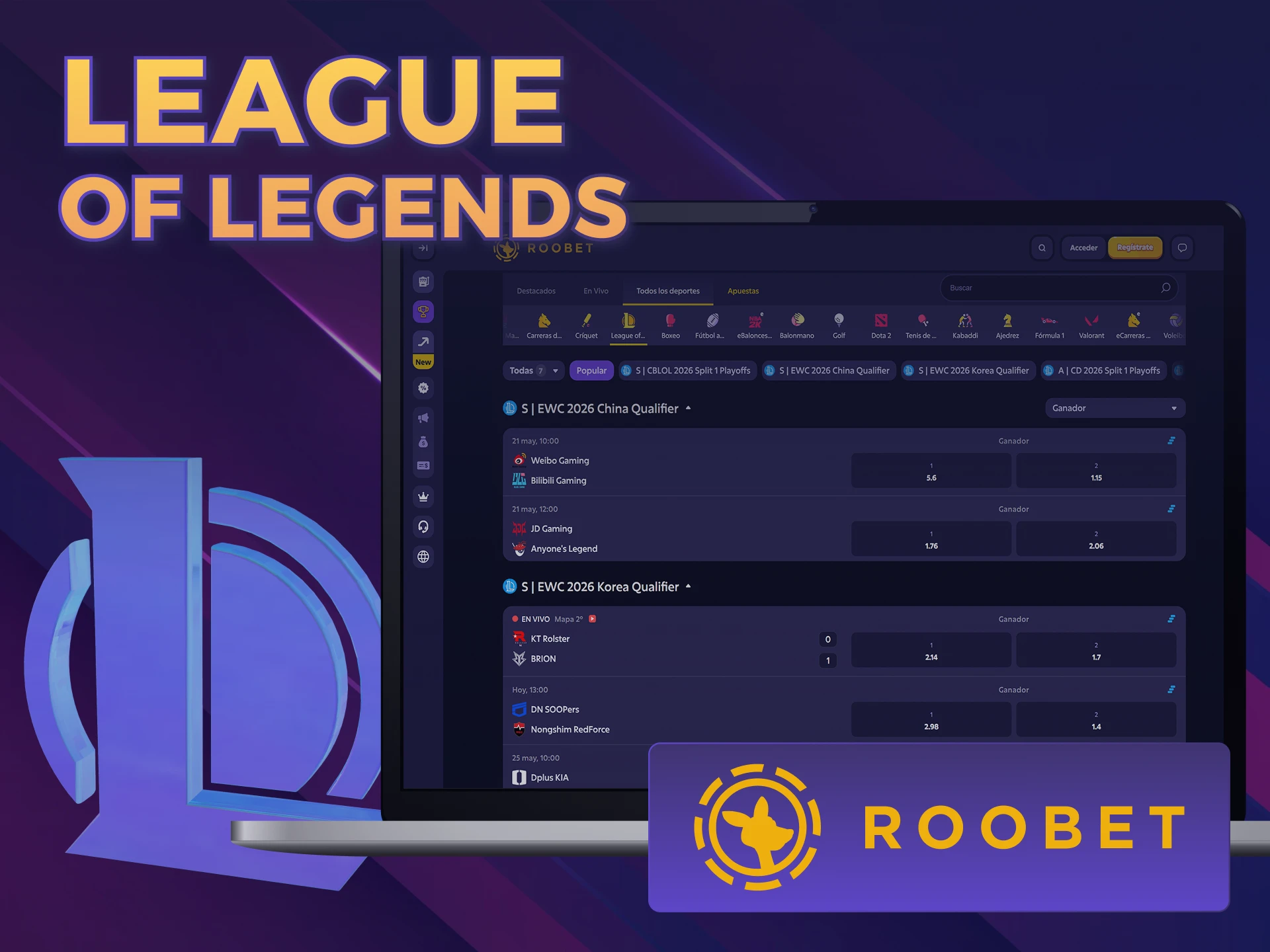 Ganá apostando en League of Legends con E-Sports Roobet hoy.