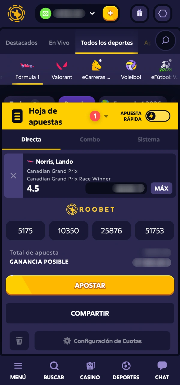 Finalizá tu apuesta de Fórmula 1 en Roobet y viví la carrera.