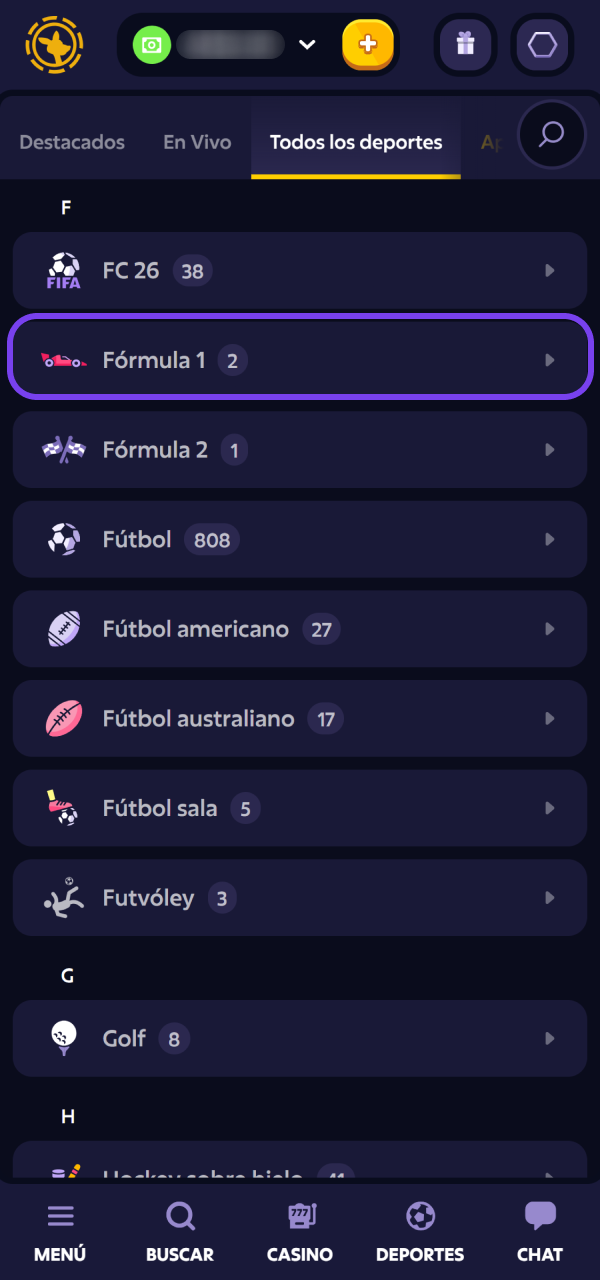 Buscá los mejores mercados de Fórmula 1 en Roobet rápidamente.