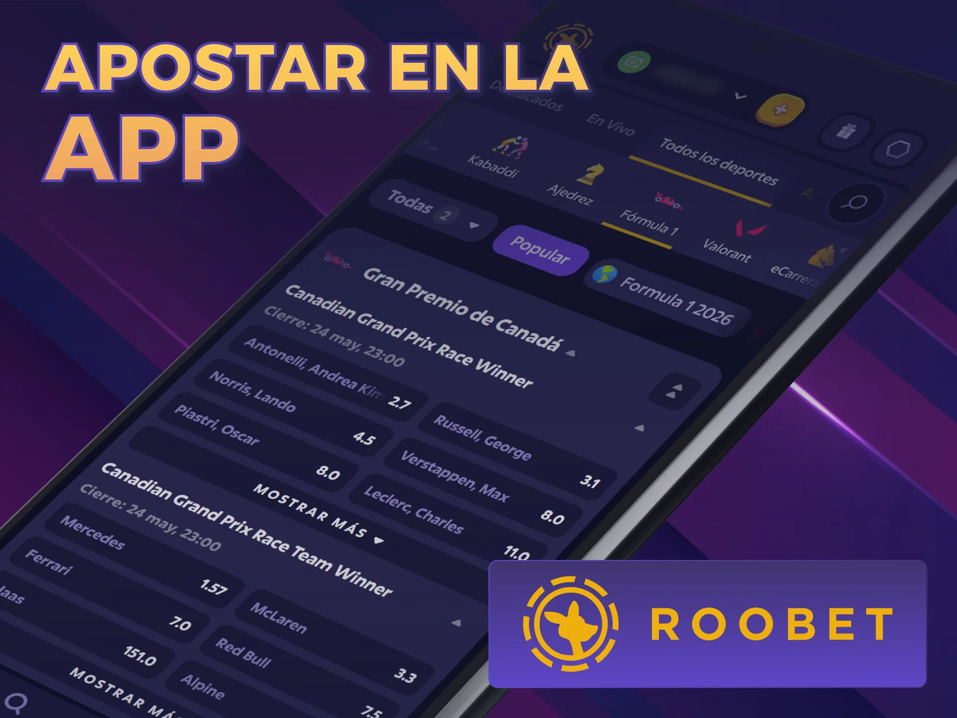 Disfrutá de las apuestas de Fórmula 1 en la App de Roobet.