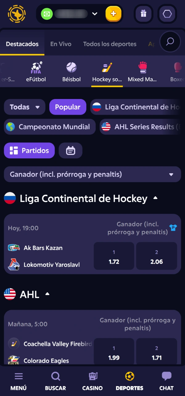 Elegí tu evento de Hockey en Roobet y definí tu pronóstico.