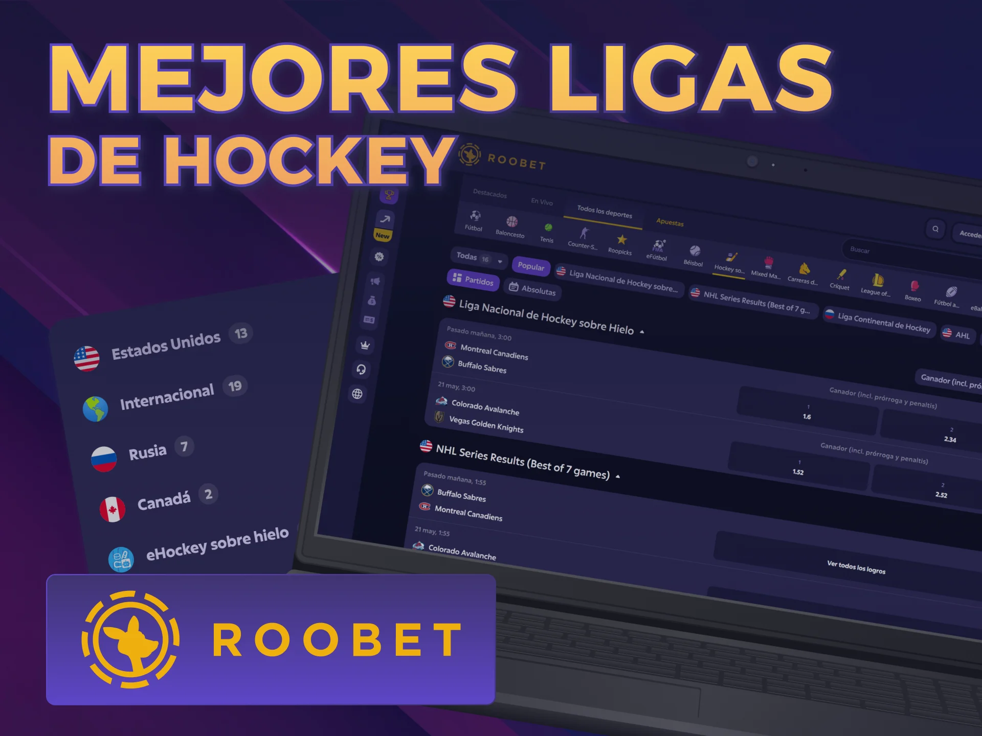Jugá en las ligas de Hockey en Roobet con cuotas exclusivas.