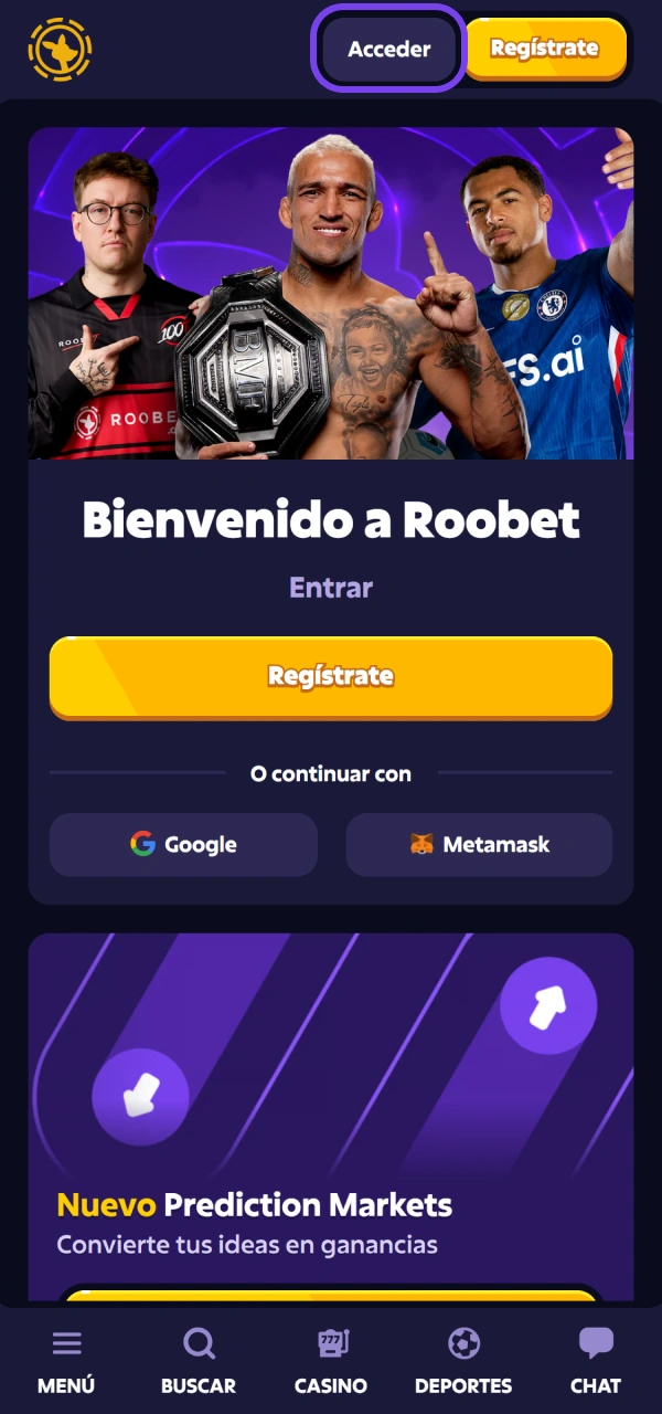 Localizá el botón para Iniciar sesión en Roobet en la pantalla.