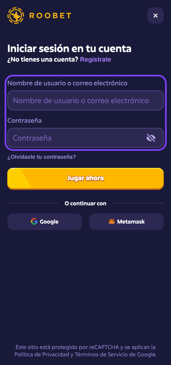 Introducí tus credenciales para Iniciar sesión en Roobet con total seguridad.