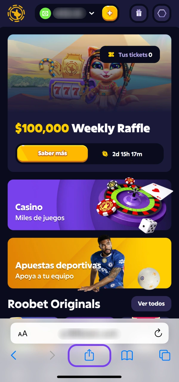 Usá Safari para compartir y añadir Roobet a tu iOS.