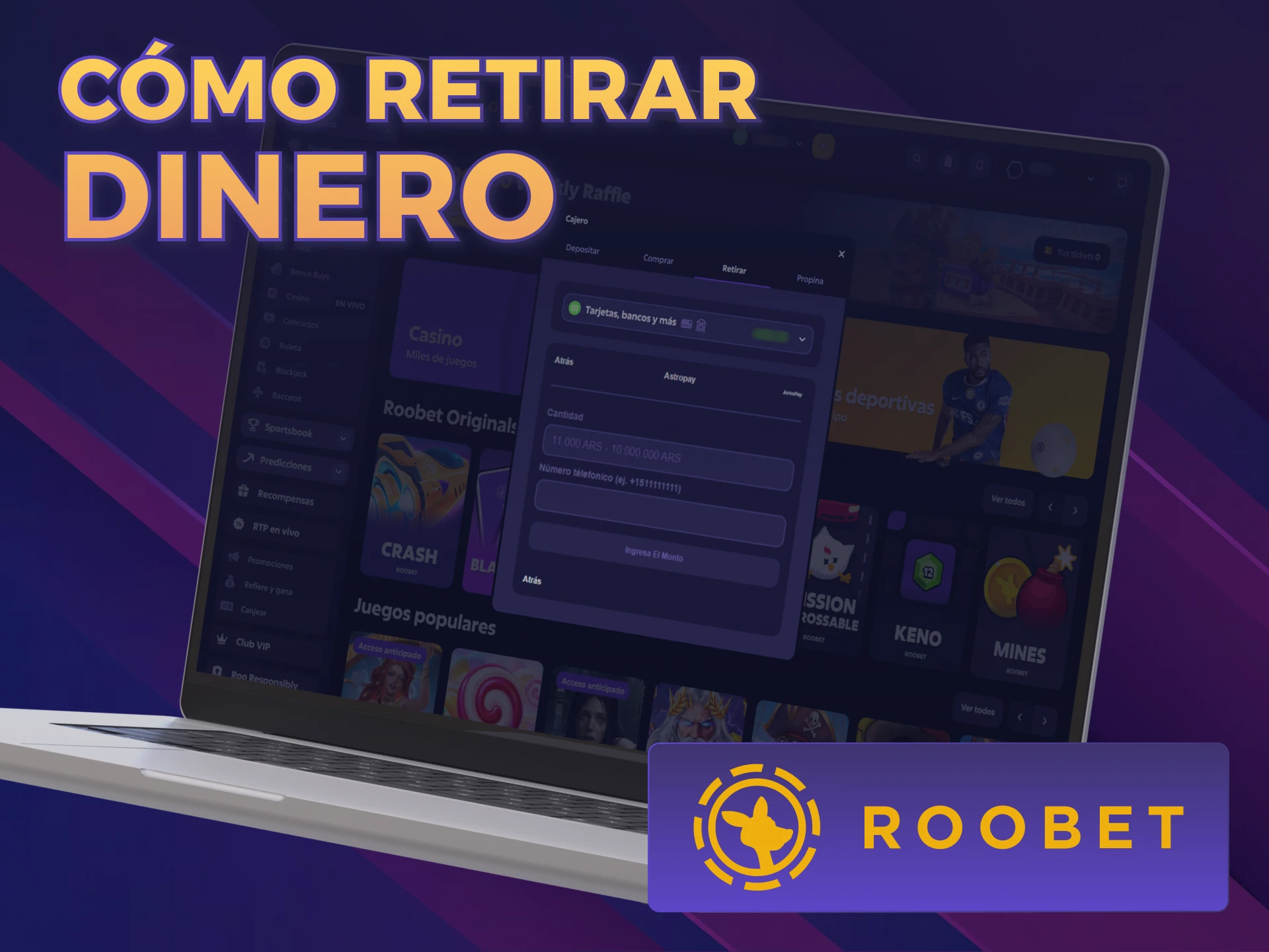 Retirá tus ganancias utilizando los Métodos de Pago Roobet autorizados.