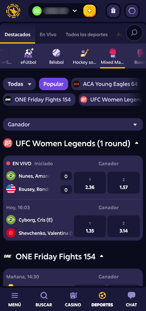 Explorá los combates de MMA en Roobet dentro de la plataforma.