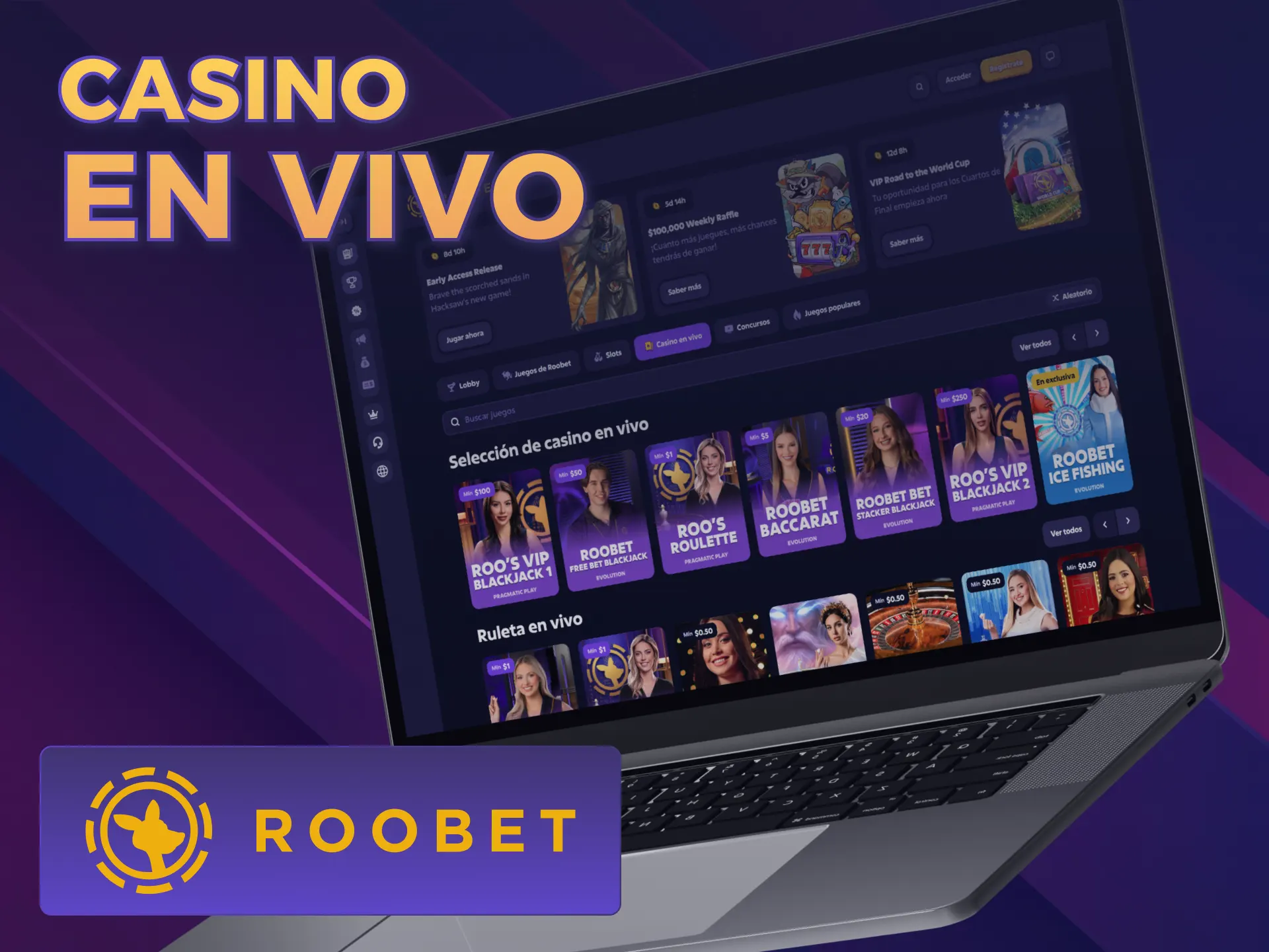 Interactuá con crupieres reales en el casino en vivo de Roobet.