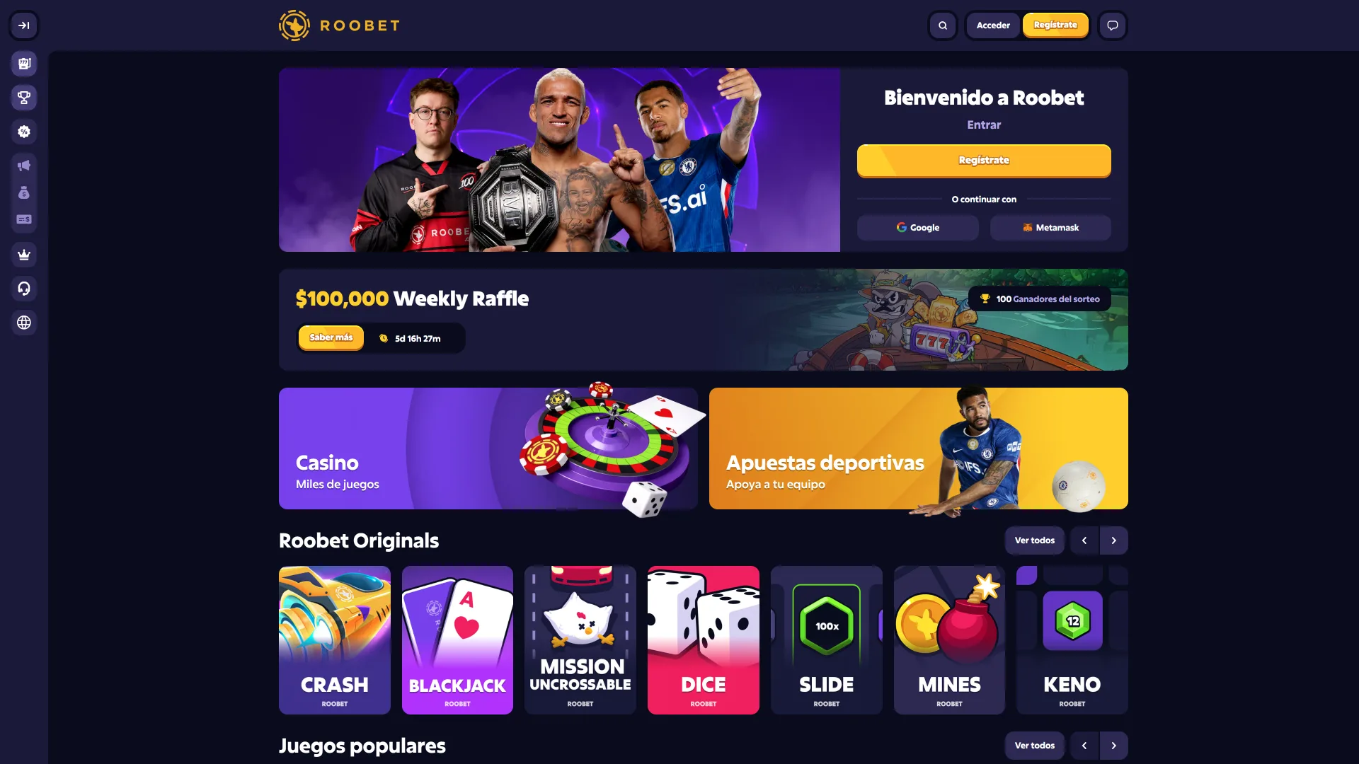 Navegá por el menú principal de Roobet para encontrar tus juegos.