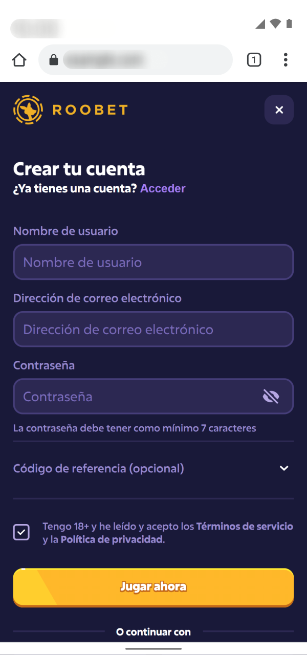 Completá tu registro en la Roobet PWA para Android ahora.