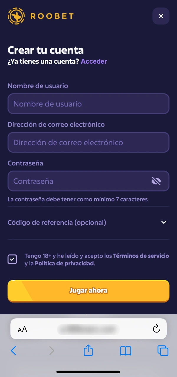 Creá tu cuenta de usuario en la Roobet PWA para iOS.
