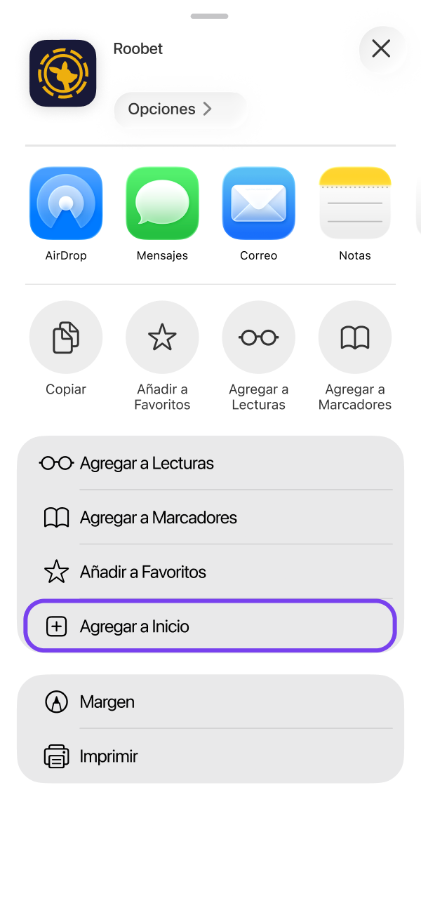 Finalizá agregando la Roobet PWA iOS a tu pantalla inicial.