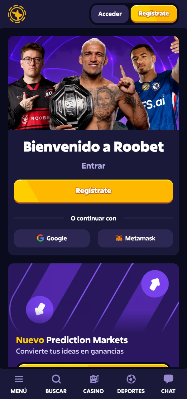Navegá por el menú principal en la Roobet PWA fácilmente.
