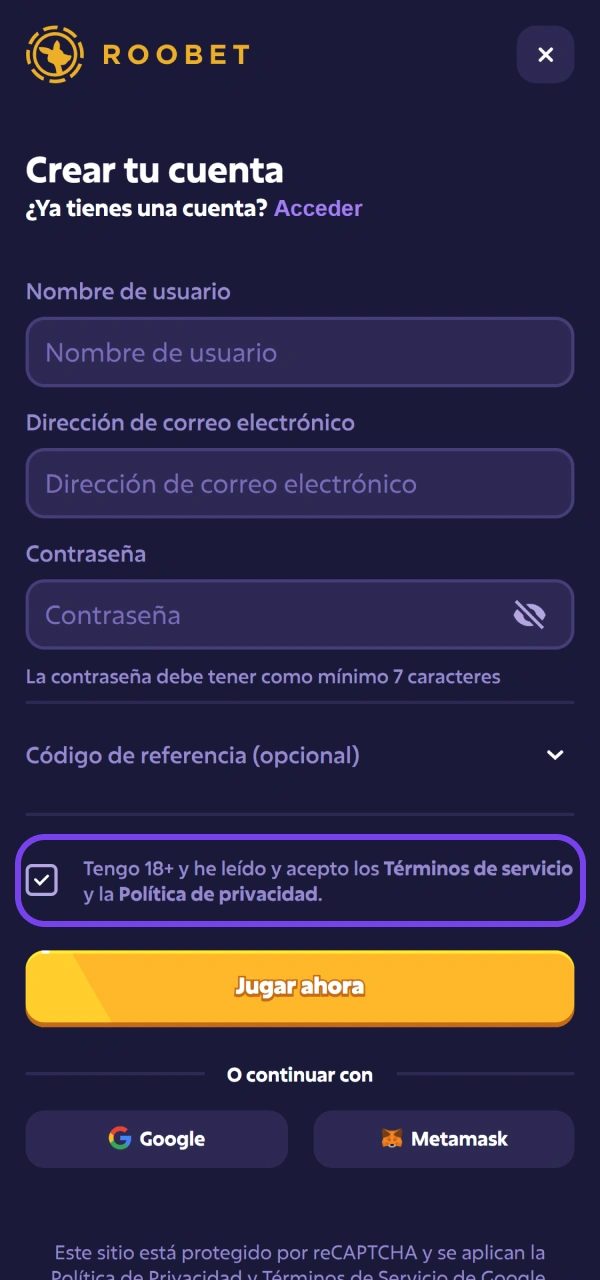 Validá las reglas del Registro en Roobet para continuar el proceso.