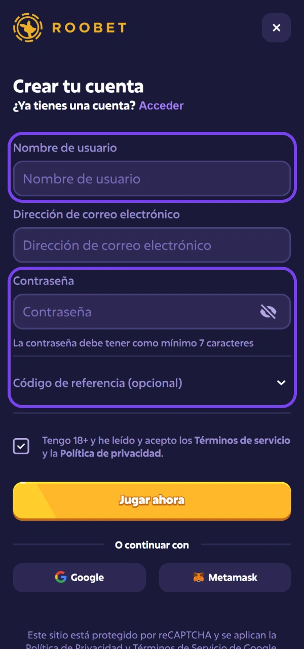 Añadí tu información real al Registro en Roobet para validar cuenta.