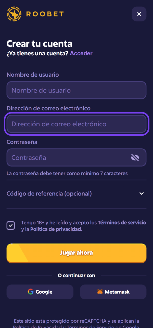 Escribí tus datos para el Registro en Roobet en el formulario.