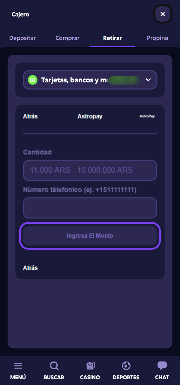 Presioná el botón de envío para procesar el Retiro Roobet.