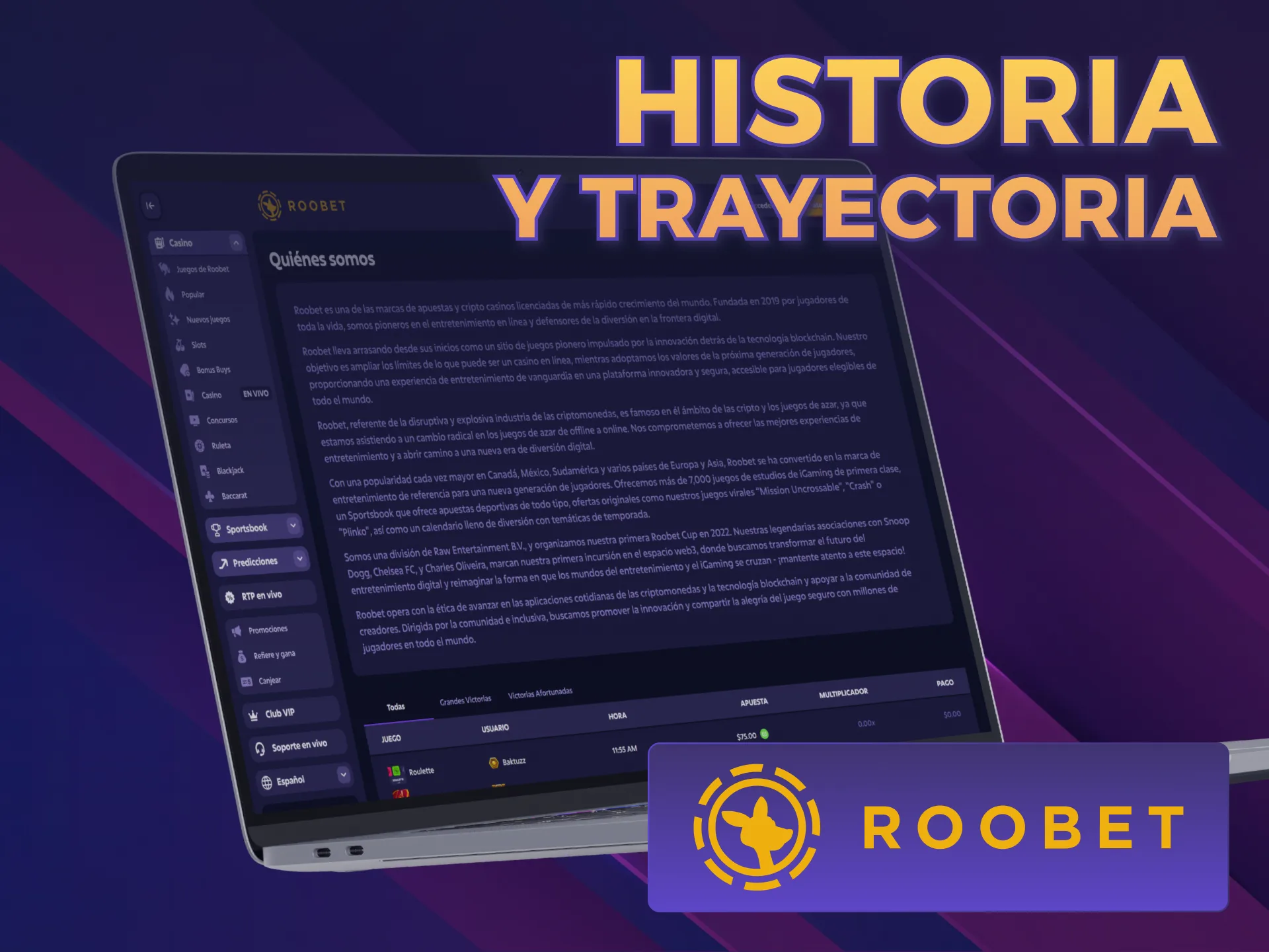 Conocé la historia de la empresa en Sobre Nosotros Roobet.