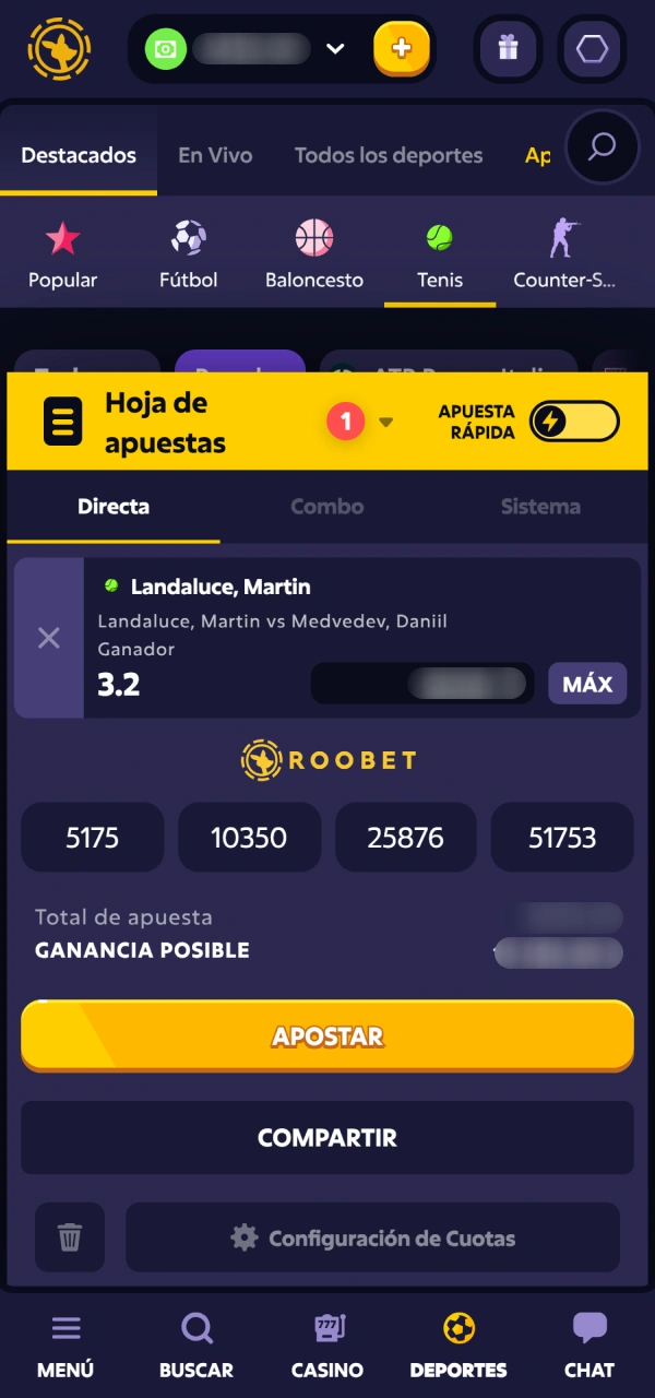 Confirmá tu cupón de Tenis en Roobet para asegurar tu jugada.