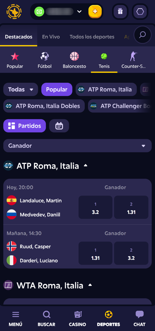 Seleccioná tu torneo de Tenis en Roobet favorito para apostar ahora.