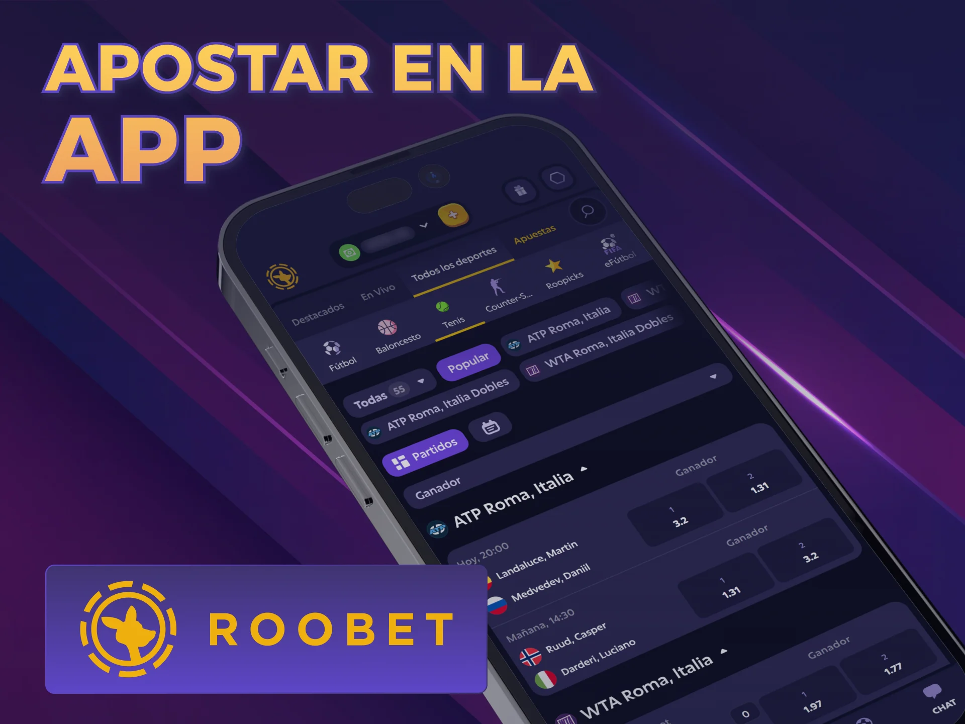 Realizá tus mejores apuestas de Tenis en la App oficial de Roobet.